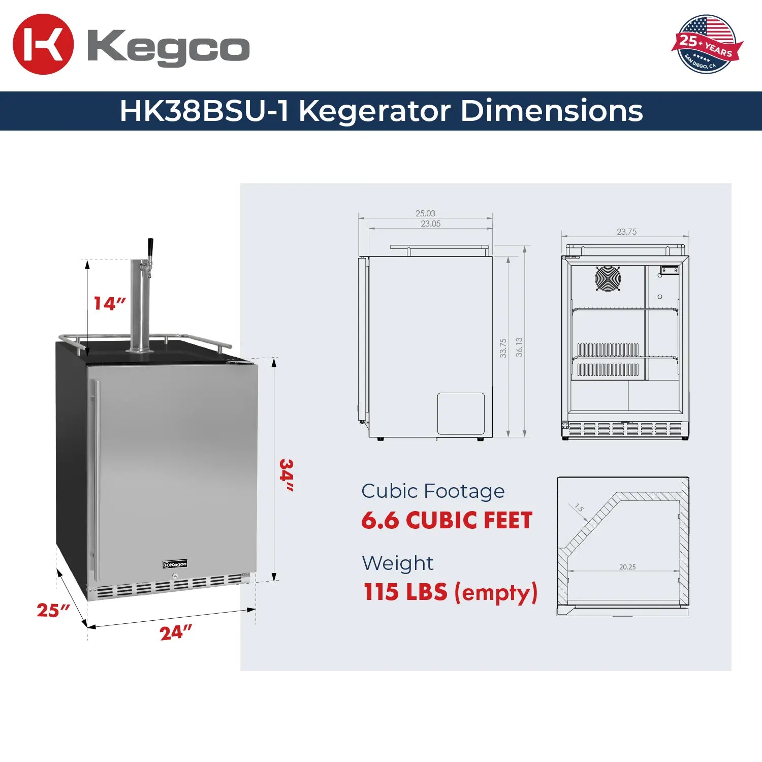 Kegco 24" Wide Stainless Steel Built-In Dual Hinge Kegerator with Kit