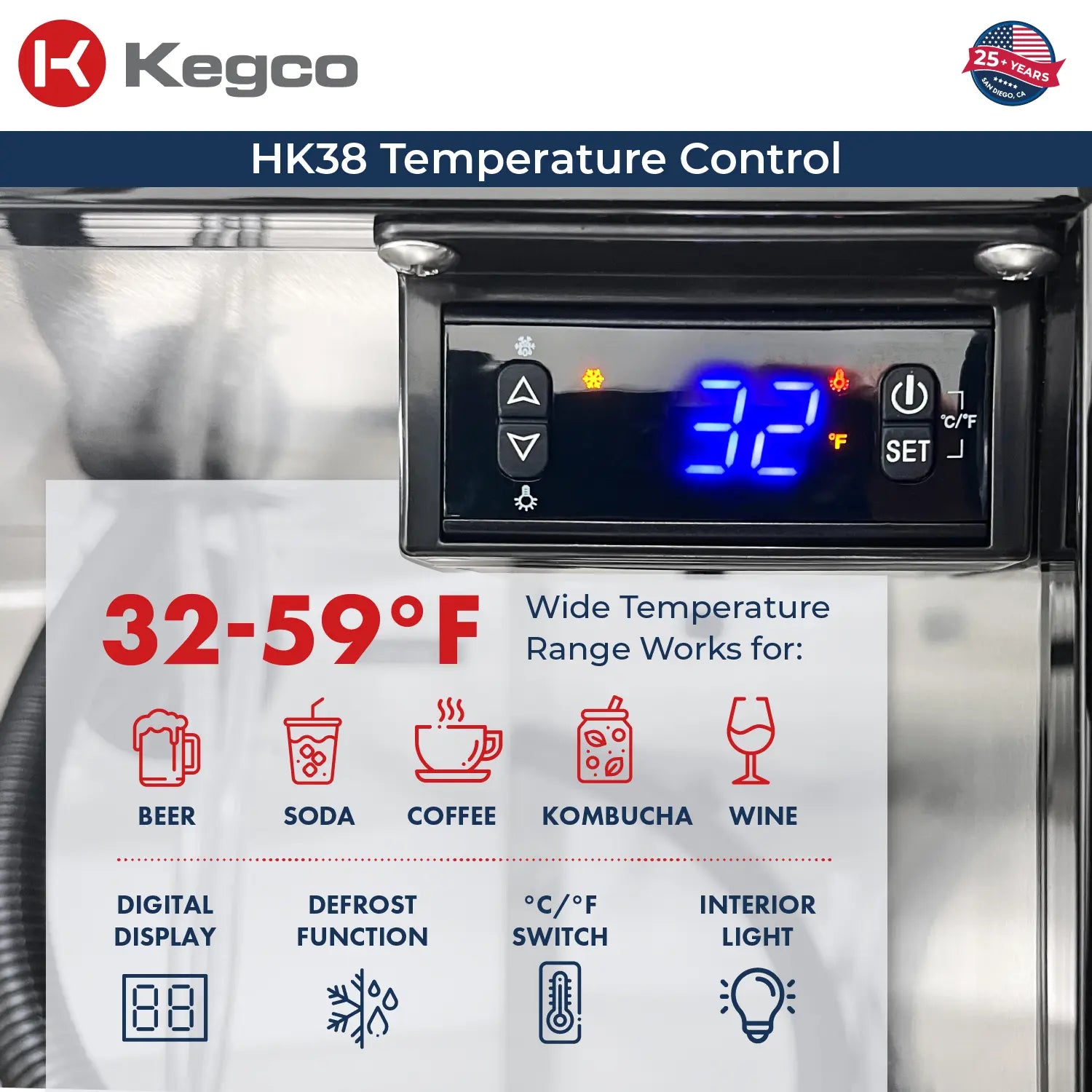 Kegco 24" Wide Single Tap Stainless Steel Built-In Right Hinge Kegerator with Kit