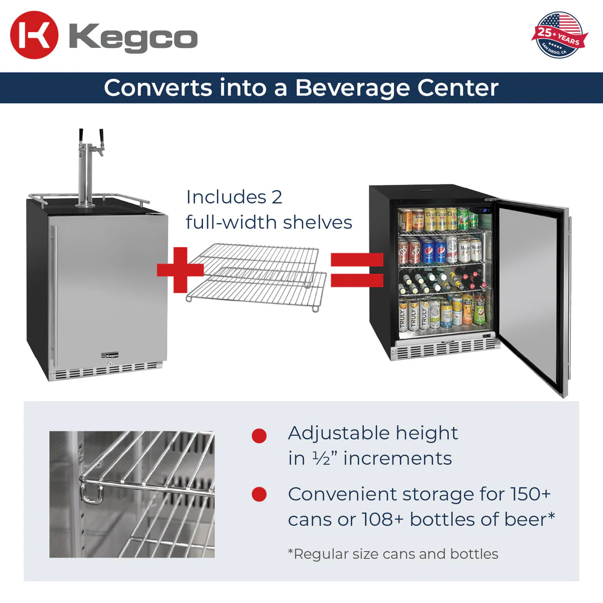 KEGCO 24" Wide Dual Tap Stainless Steel Built-In Right Hinge Kegerator