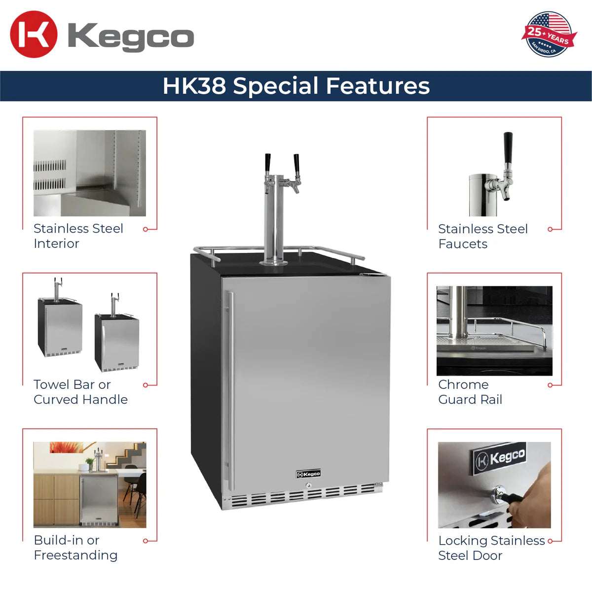 KEGCO 24" Wide Dual Tap Stainless Steel Built-In Right Hinge Kegerator