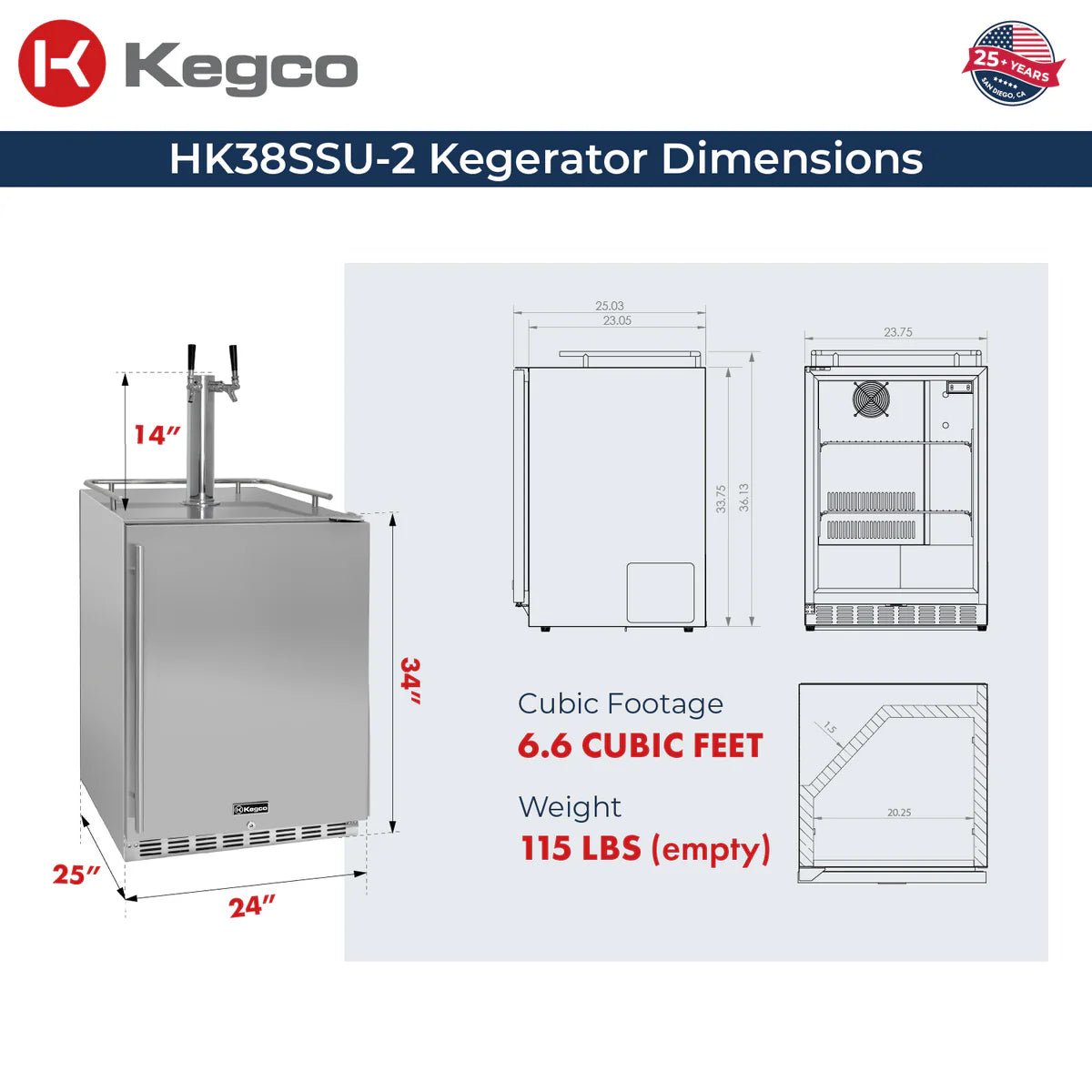 KEGCO 24" Wide Outdoor Dual Tap Built-In Right Hinge Kegerator