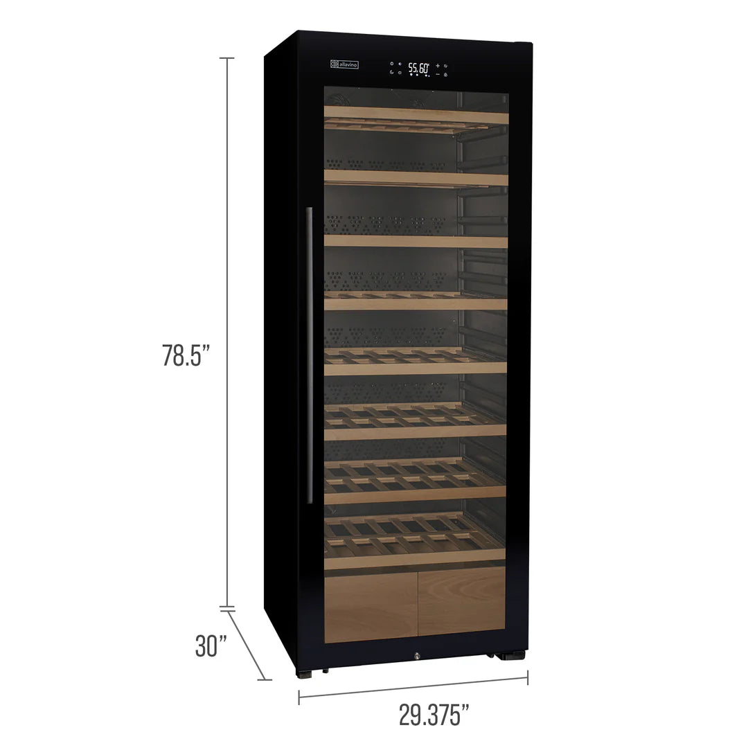 The Allavino 29" Wide 248 Bottle Single Zone Black Glass Wine Refrigerator with Display Shelving