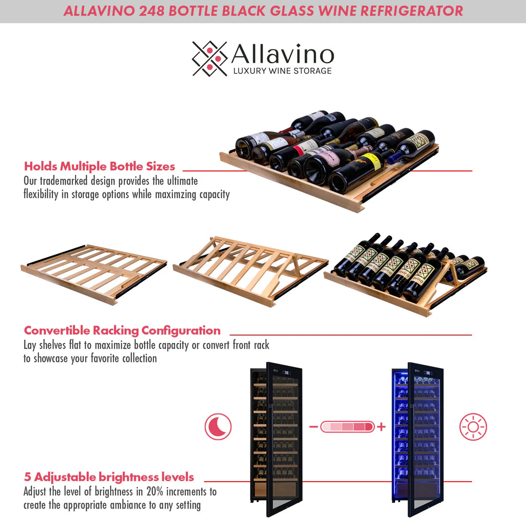 The Allavino 29" Wide 248 Bottle Single Zone Black Glass Wine Refrigerator with Display Shelving