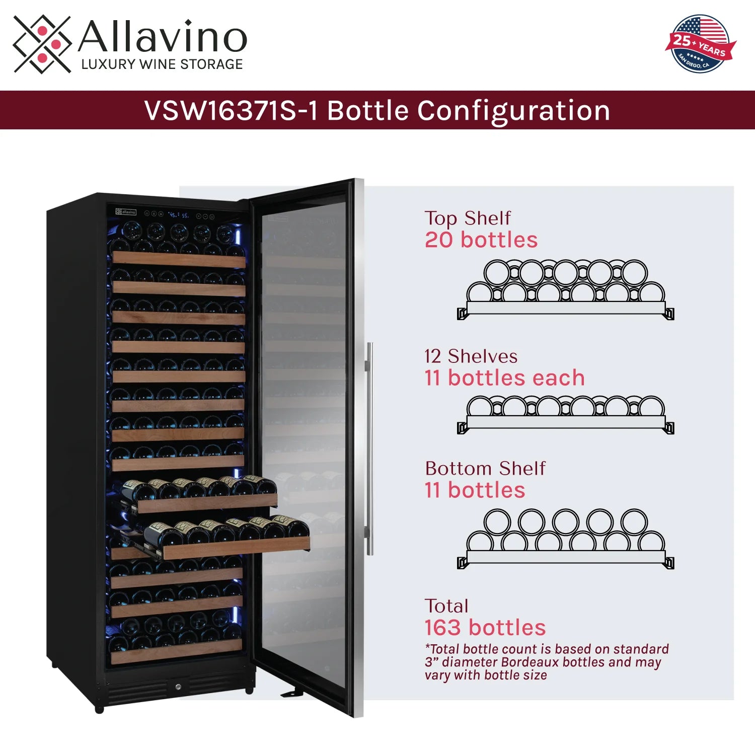Allavino Reserva Series 163 Bottle 71" Tall Single Zone Right Hinge Stainless Steel Wine Refrigerator