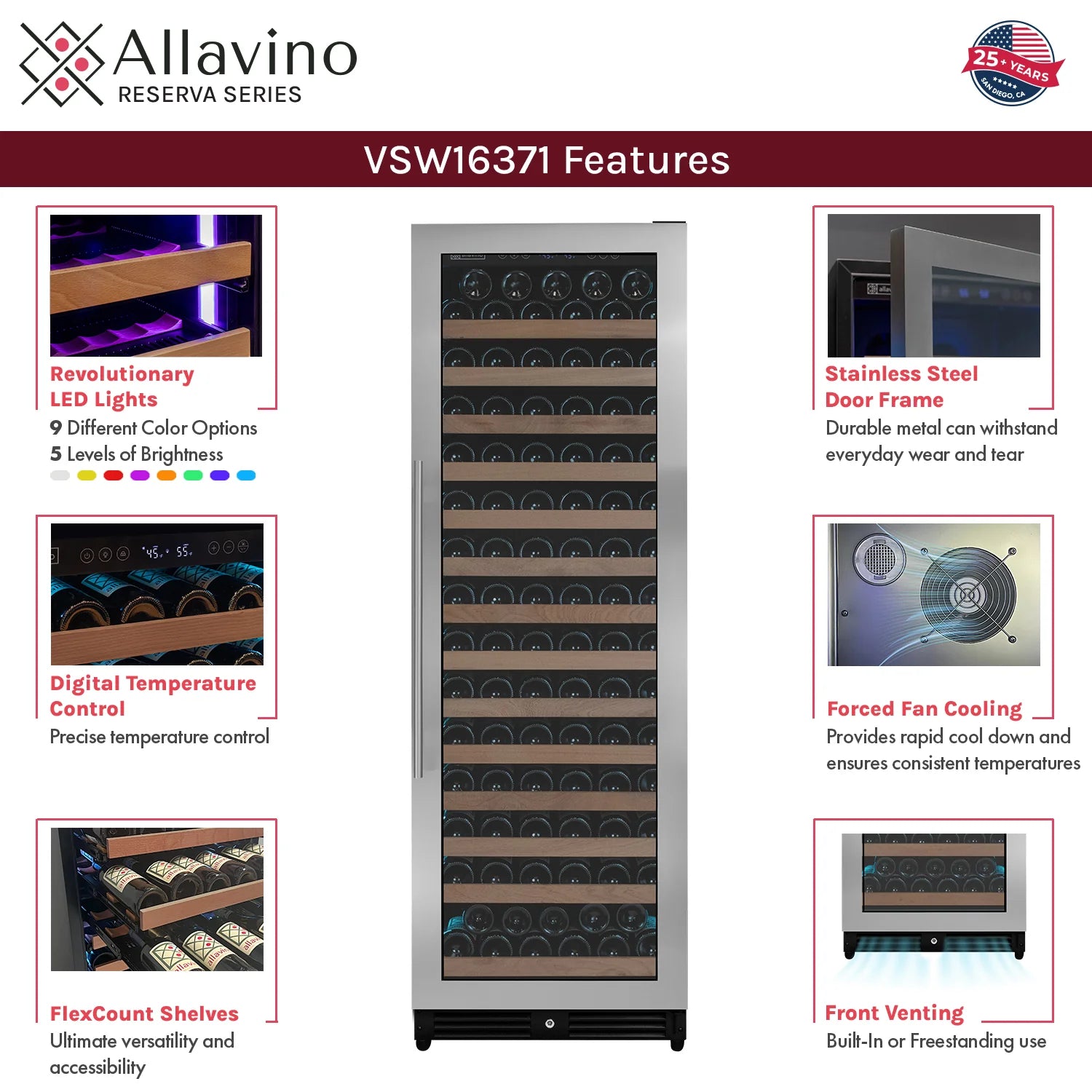 Allavino Reserva Series 163 Bottle 71" Tall Single Zone Right Hinge Stainless Steel Wine Refrigerator