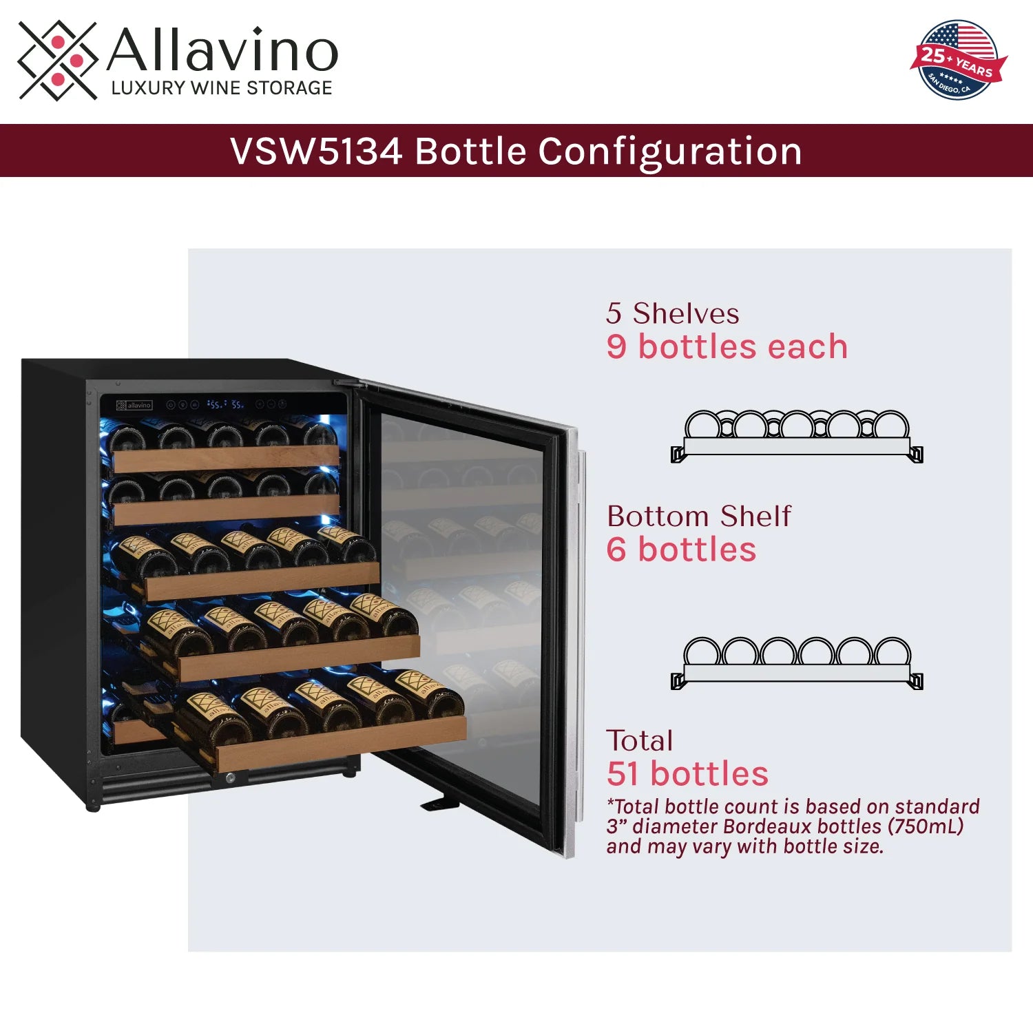 Allavino Reserva Series - 51 Bottle Single Zone Built-in Luxury Wine Refrigerator with Stainless Steel Door - Right Hinge