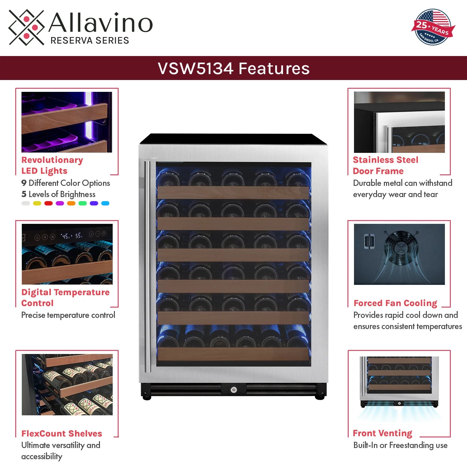 Allavino Reserva Series - 51 Bottle Single Zone Built-in Luxury Wine Refrigerator with Stainless Steel Door - Right Hinge