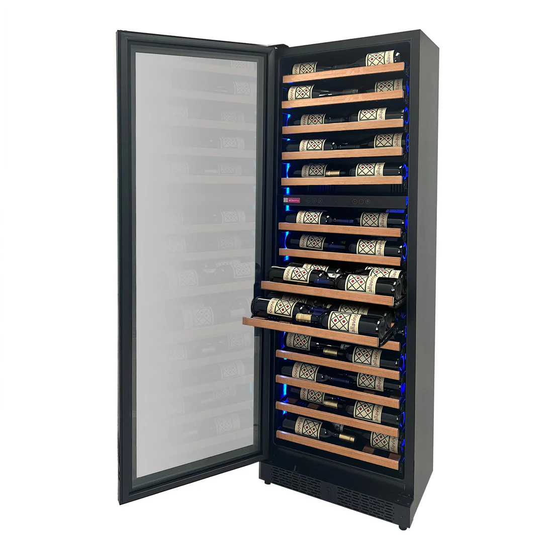 Allavino Reserva Series 67 Bottle 71" Tall Dual Zone Black Shallow Wine Refrigerator with Wood Shelf Fronts