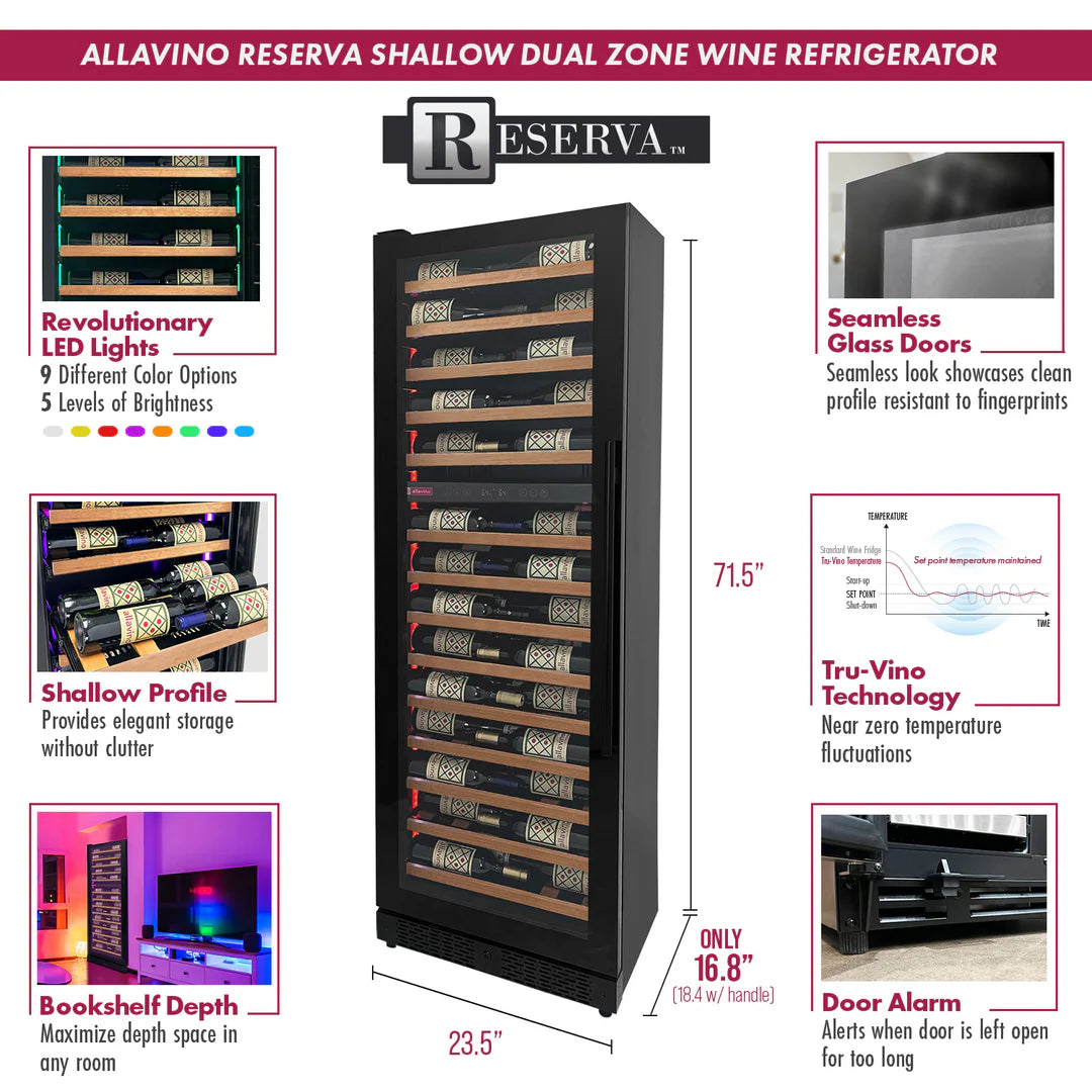 Allavino Reserva Series 67 Bottle 71" Tall Dual Zone Black Shallow Wine Refrigerator with Wood Shelf Fronts