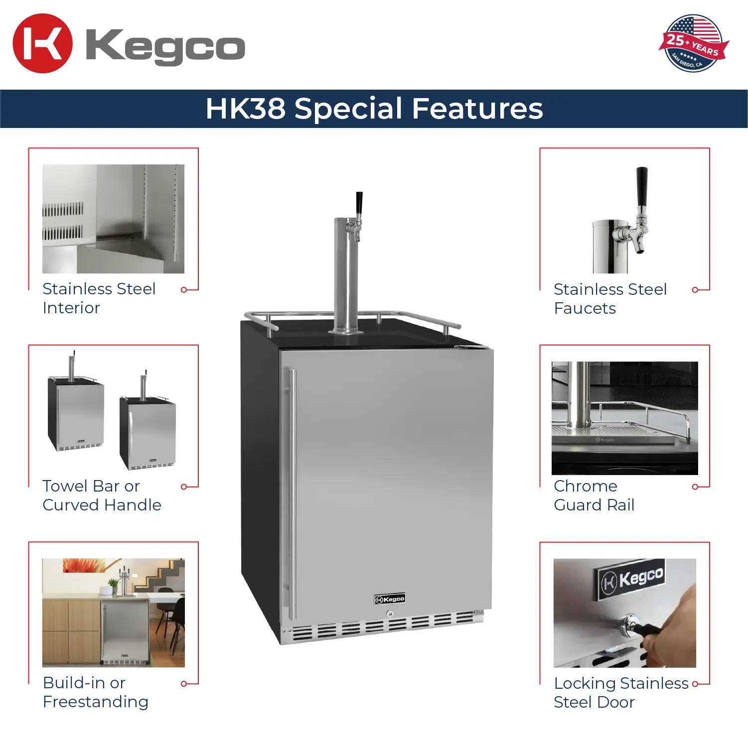 Kegco 24" Wide Single Tap Stainless Steel Built-In Right Hinge Kegerator with Kit