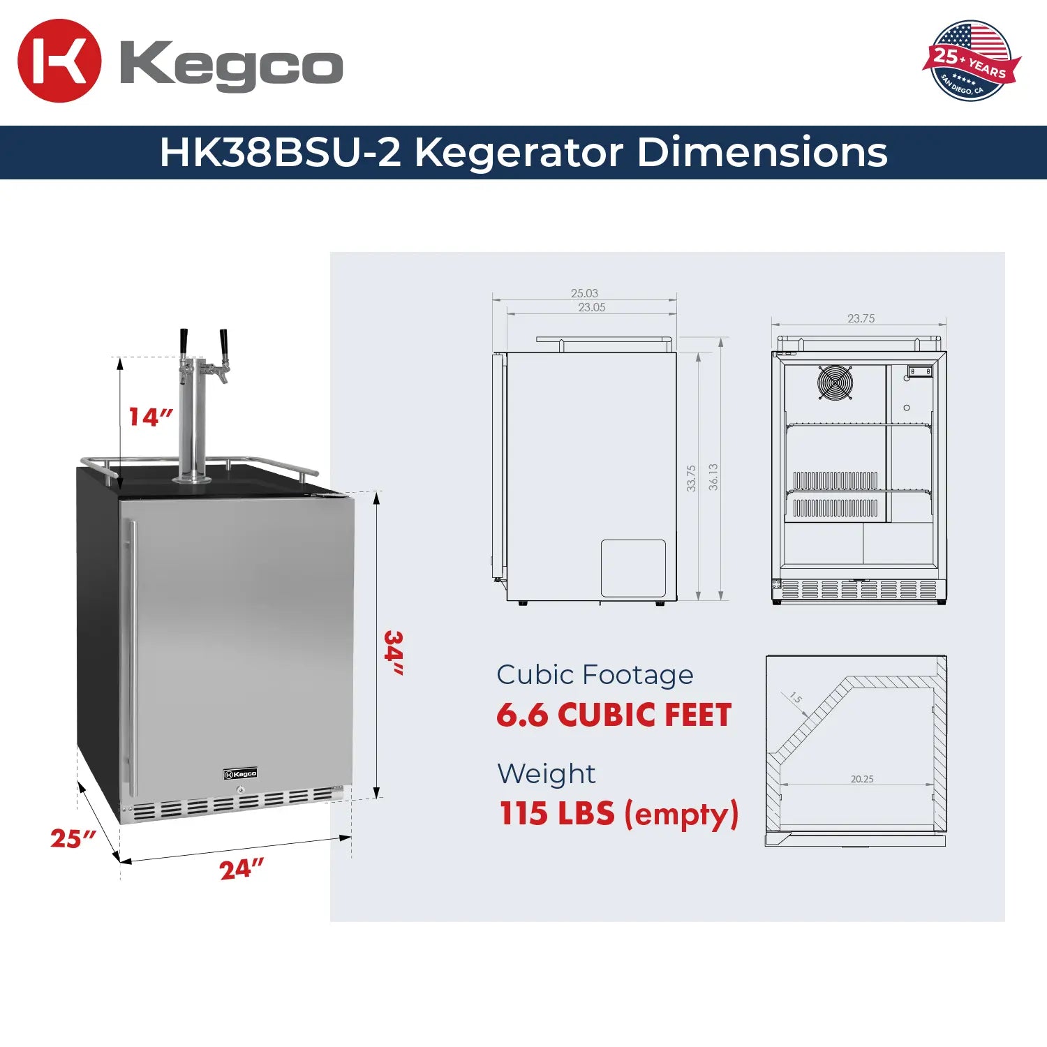 Kegco 24" Wide Dual Tap Stainless Steel Built-In Right Hinge Kegerator with Kit