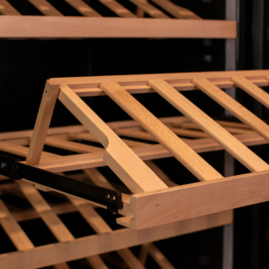 The Allavino 29" Wide 248 Bottle Single Zone Black Glass Wine Refrigerator with Display Shelving
