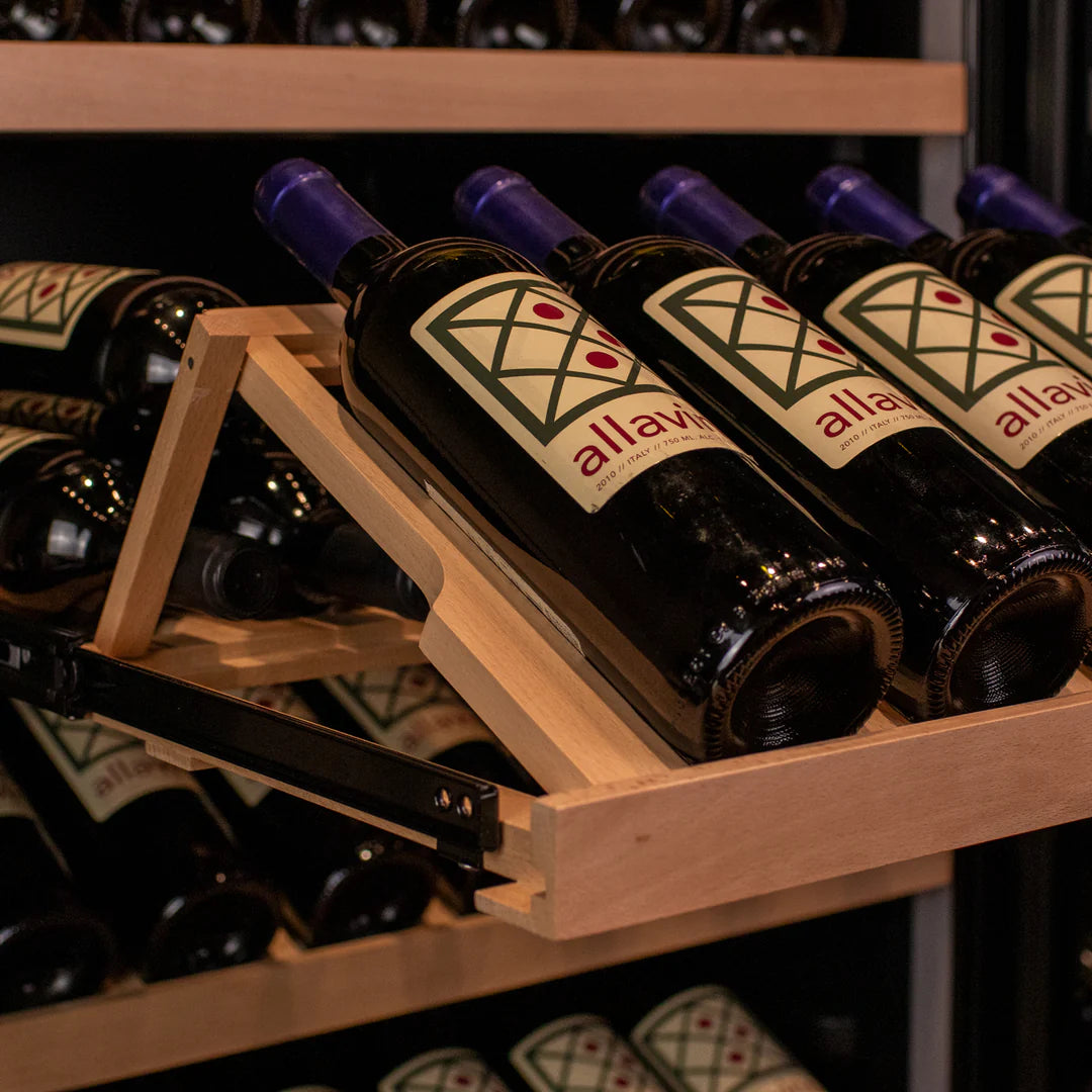 The Allavino 29" Wide 248 Bottle Single Zone Black Glass Wine Refrigerator with Display Shelving