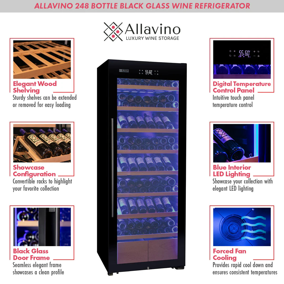The Allavino 29" Wide 248 Bottle Single Zone Black Glass Wine Refrigerator with Display Shelving