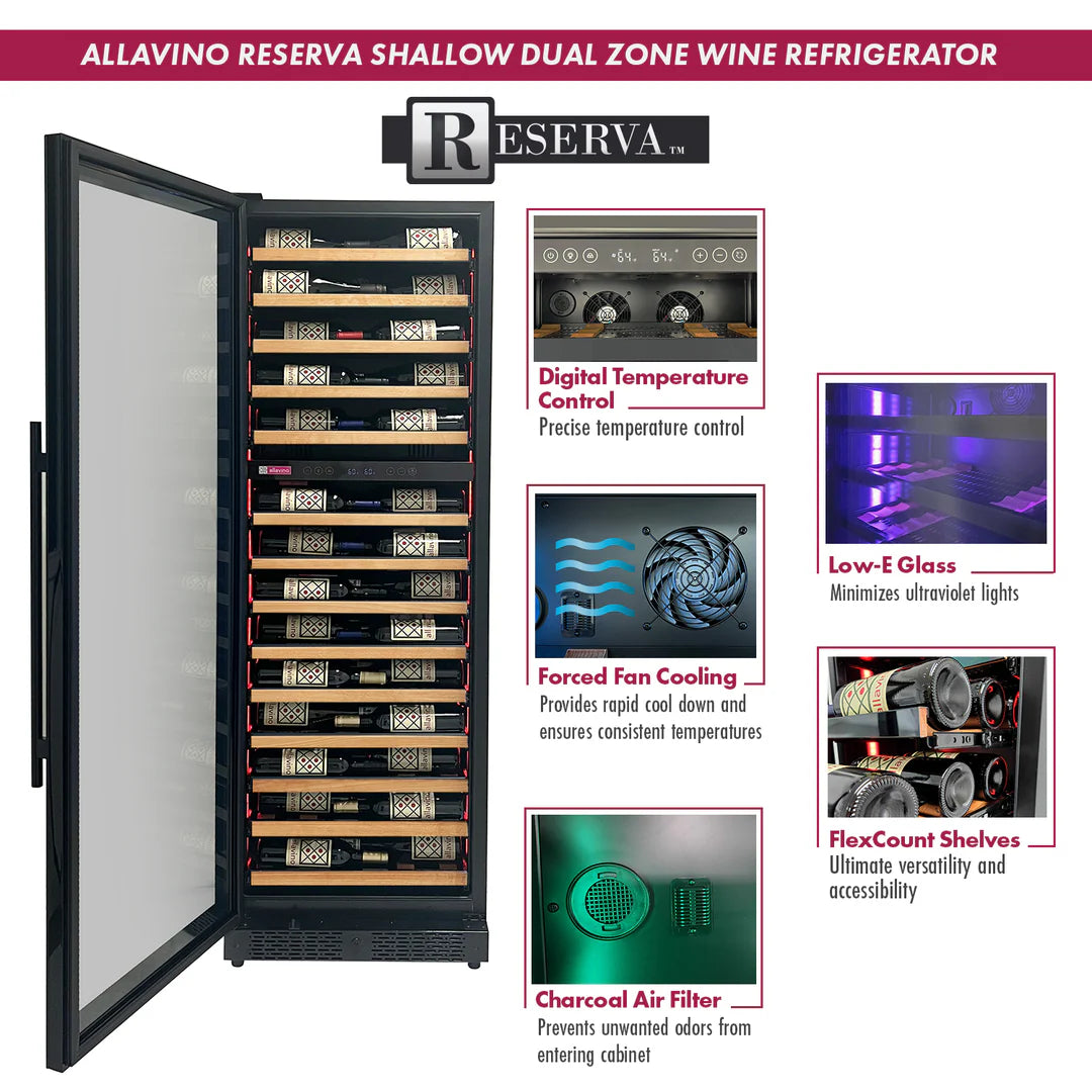 Allavino Reserva Series 67 Bottle 71" Tall Dual Zone Black Shallow Wine Refrigerator with Wood Shelf Fronts
