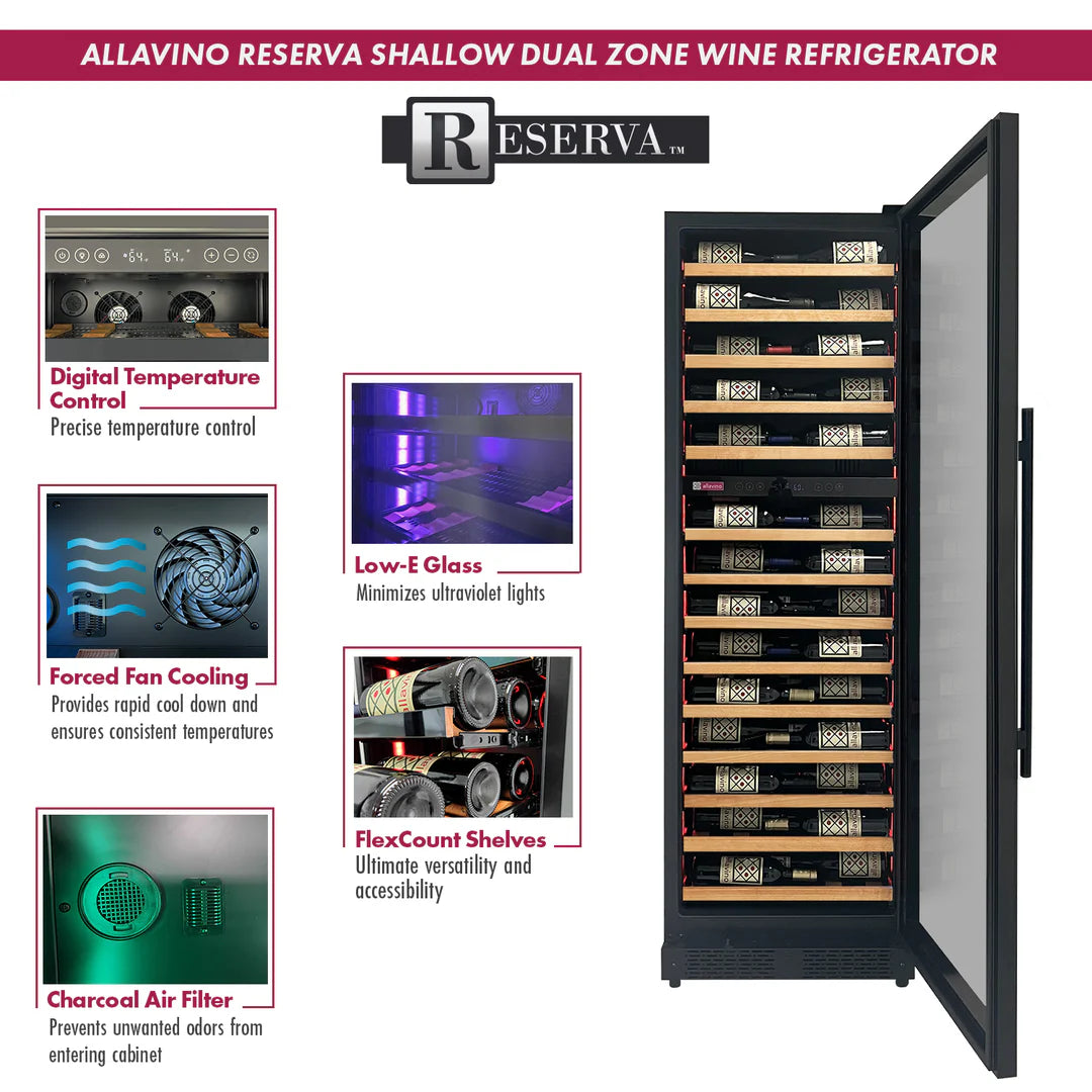 Allavino Reserva Series 67 Bottle 71" Tall Dual Zone Black Shallow Wine Refrigerator with Wood Shelf Fronts