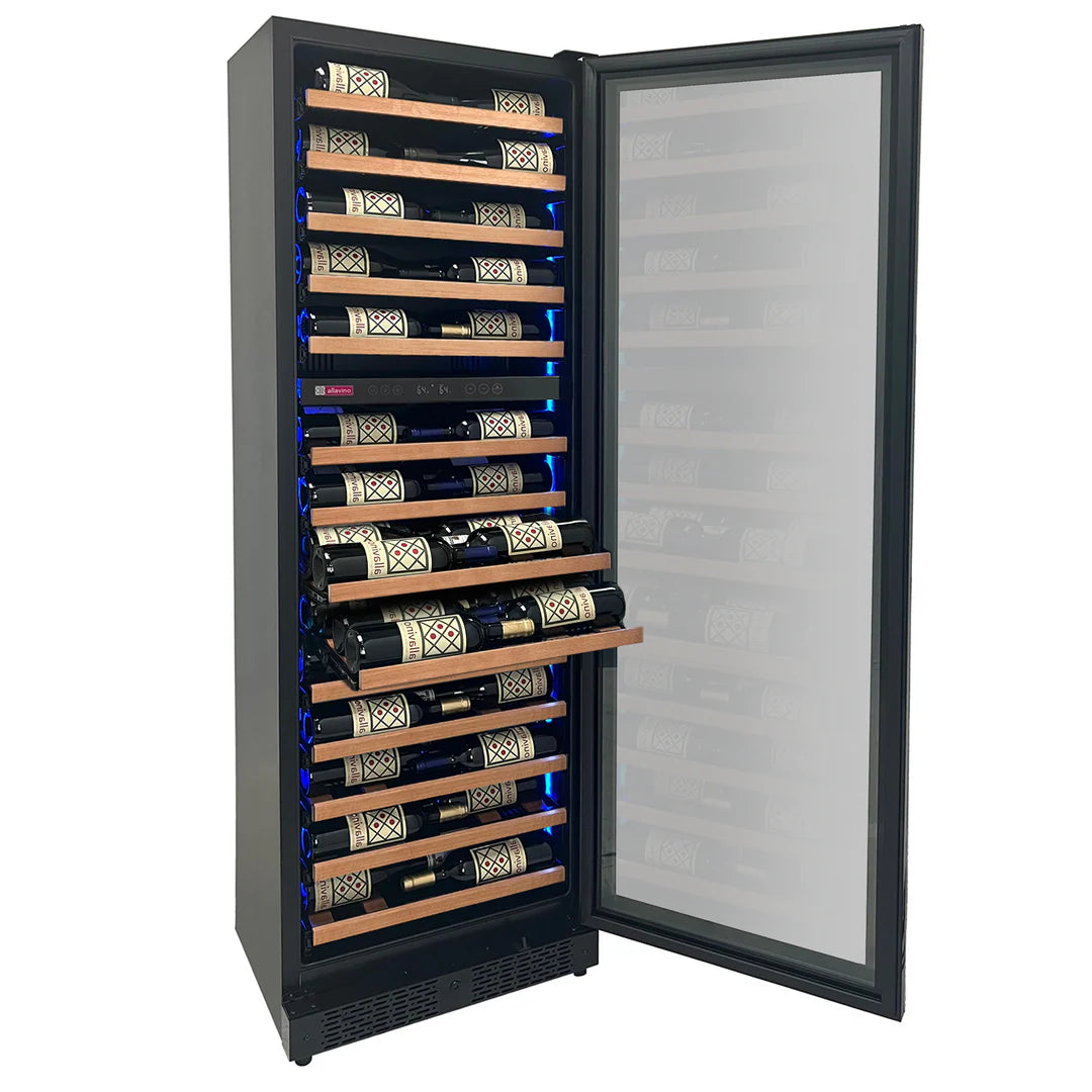 Allavino Reserva Series 67 Bottle 71" Tall Dual Zone Black Shallow Wine Refrigerator with Wood Shelf Fronts